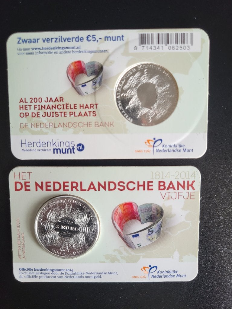Het 200 jaar Nederlandse Bank vijfje in Coincard €5,- 2014, Ophalen of Verzenden, Koningin Beatrix, Euro's, Losse munt