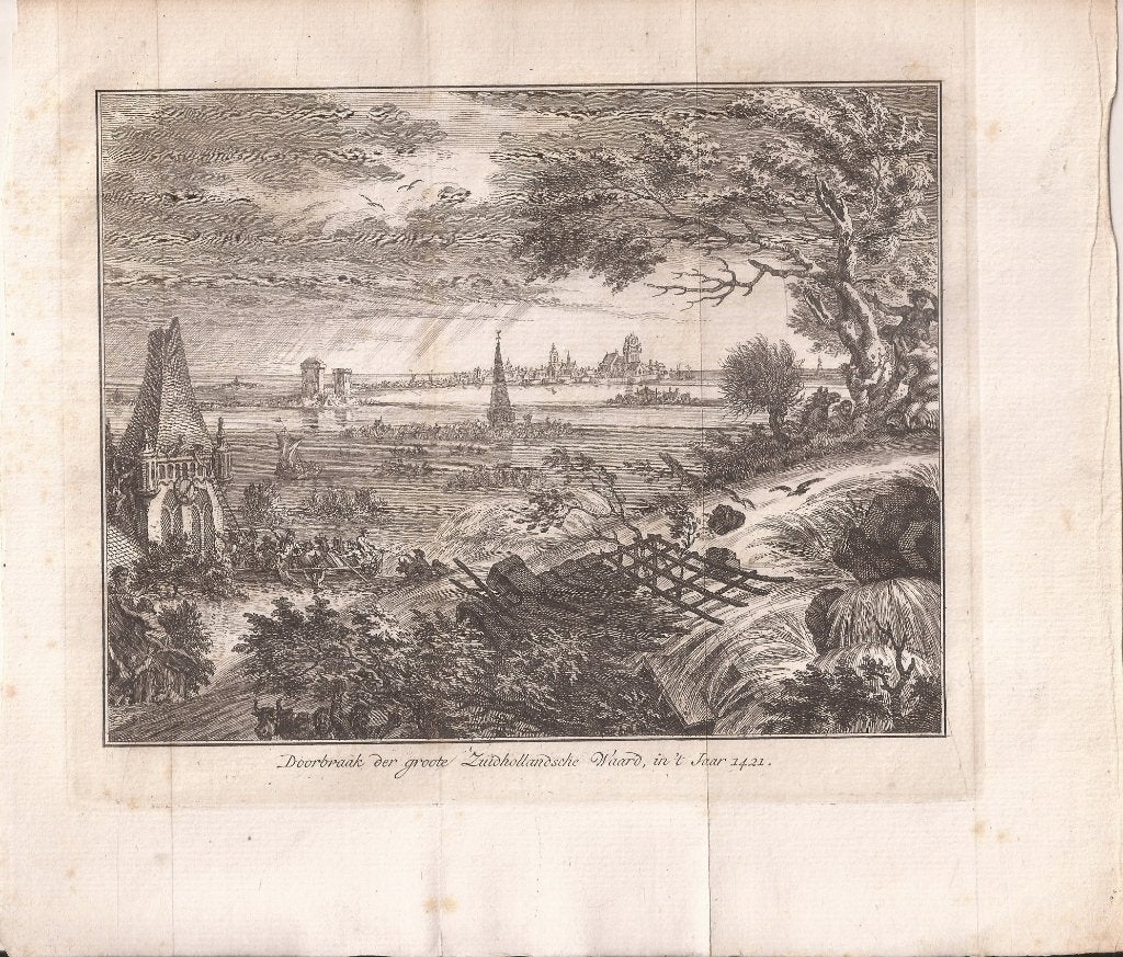 Doorbraak der groote Zuidhollandsche Waard, in 't Jaar 1421, 19 cm, Ophalen of Verzenden, Gravure, 15 cm