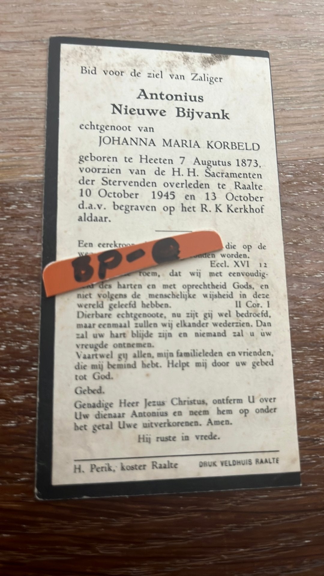 Nieuwe Bijvank 1873 Heeten 1945 Raalte x Korbeld - E00371 -, Ophalen of Verzenden, Bidprentje