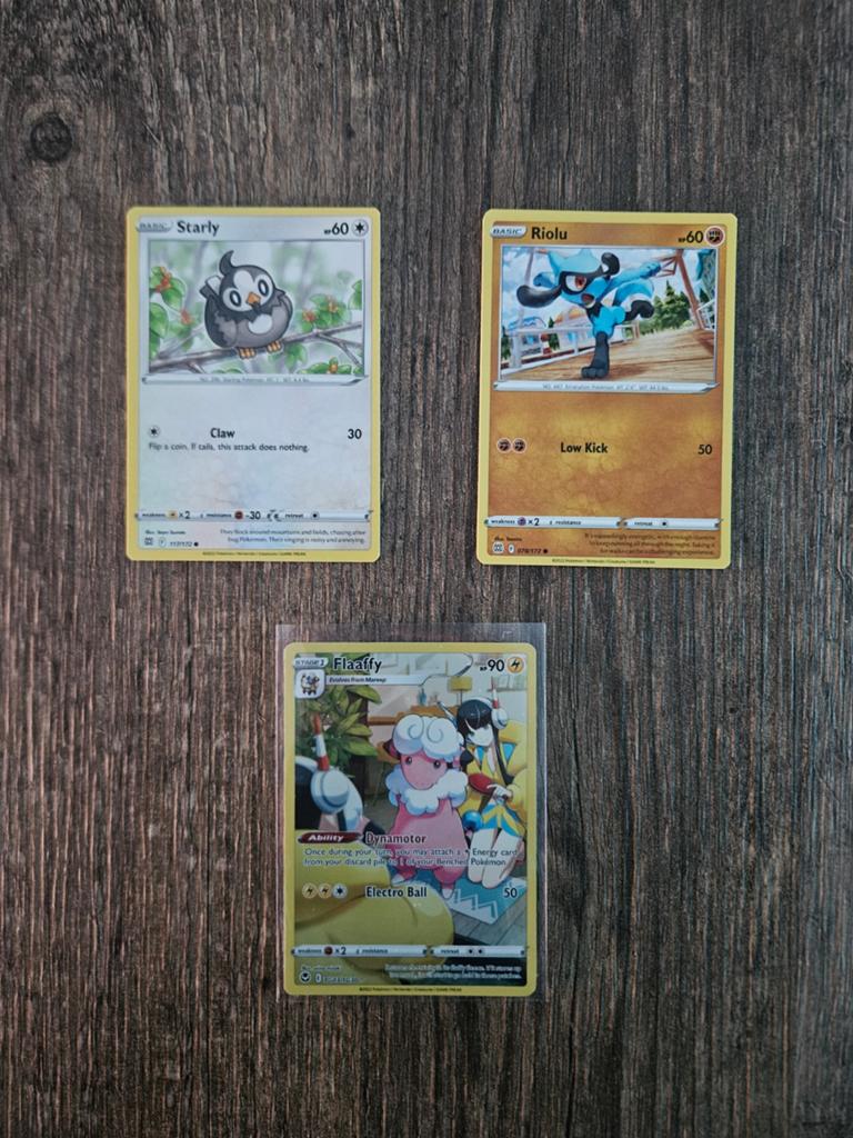 Pokémon kaarten: Starly, Riolu, Flaaffy, Ophalen of Verzenden, Zo goed als nieuw, Meerdere kaarten