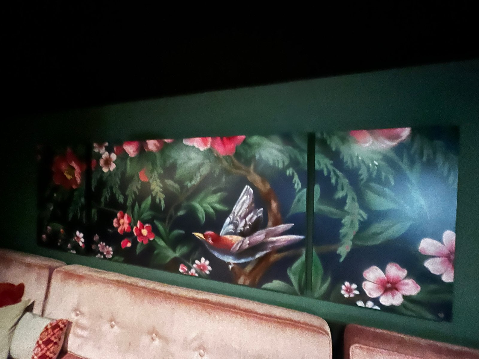 Schilderij met vogel en bloemen (3 panelen), Ophalen of Verzenden