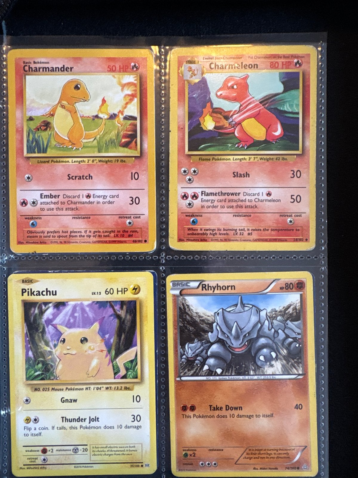 Pokémon Kaarten: Charmander, Charmeleon, Pikachu, Rhyhorn, Ophalen of Verzenden, Gebruikt, Meerdere kaarten
