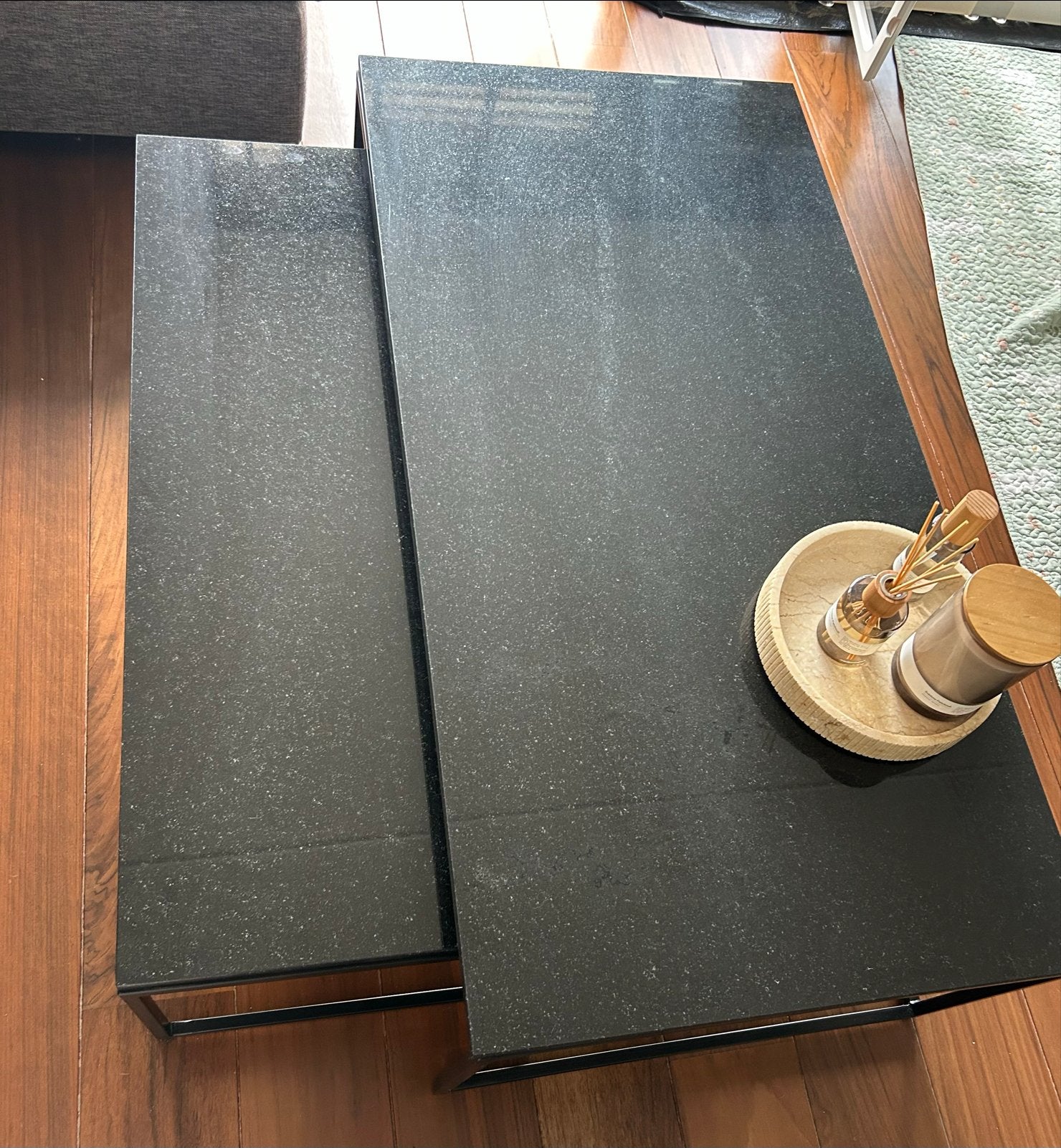 Set van 2 zwarte marmeren salontafels, Ophalen, Gebruikt, 100 tot 150 cm, 50 tot 100 cm