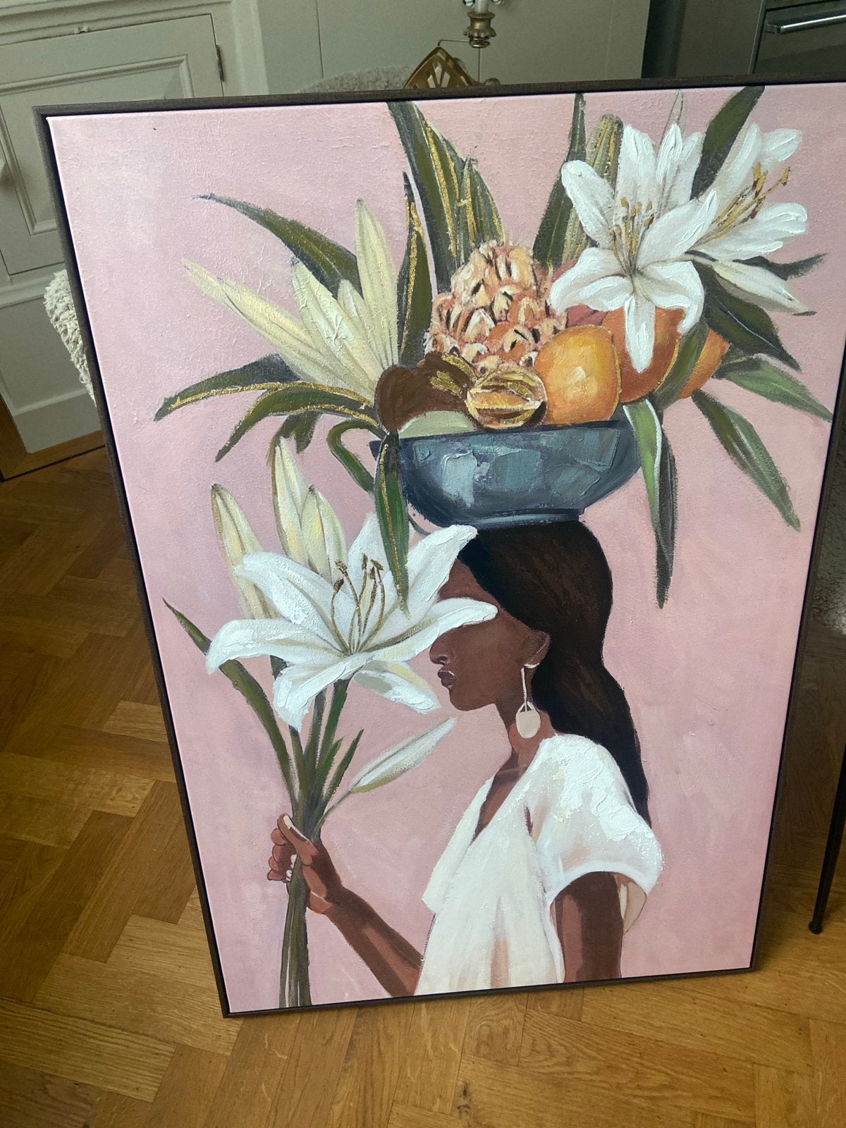 Modern schilderij: Vrouw met bloemen en fruit, Figuren, Handgeschilderd, Ophalen of Verzenden, Olieverf