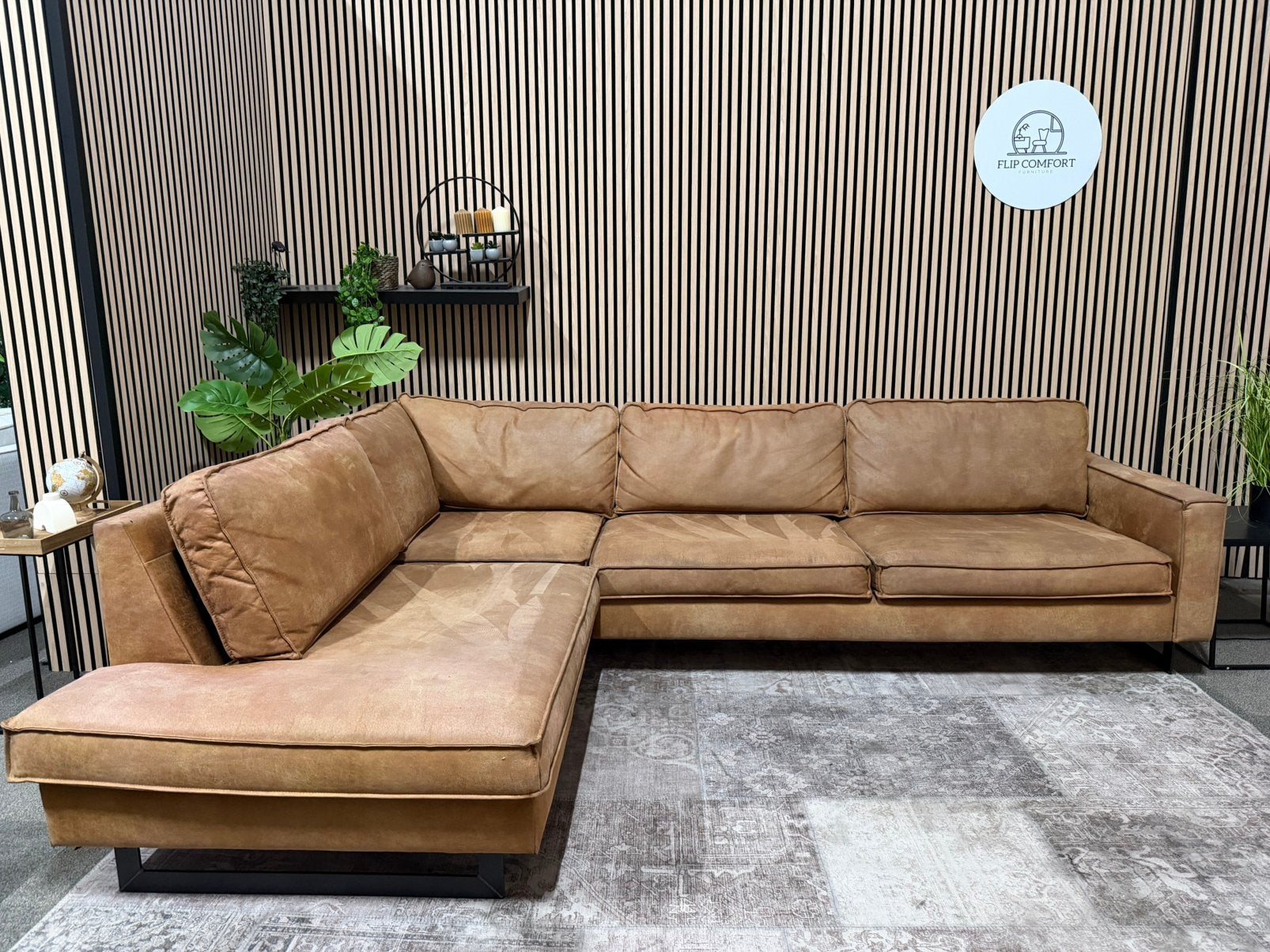 “GRATIS LEVERING” Cognac kunstlederen hoekbank! 290x215, 125 tot 150 cm, Leer, kunstleer, zgan, Hoekbank, Ophalen of Verzenden