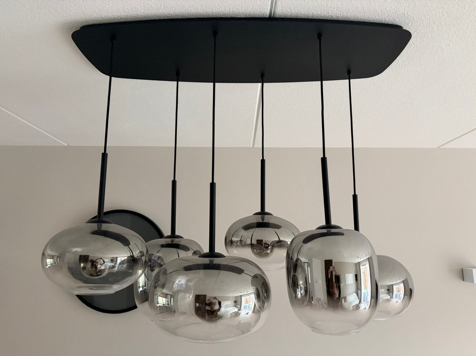 Luxe Highlight Bellini hanglamp deens ovaal glas 6 bollen, Ophalen, Modern, industrieel, japandi, E27 (groot), Glas