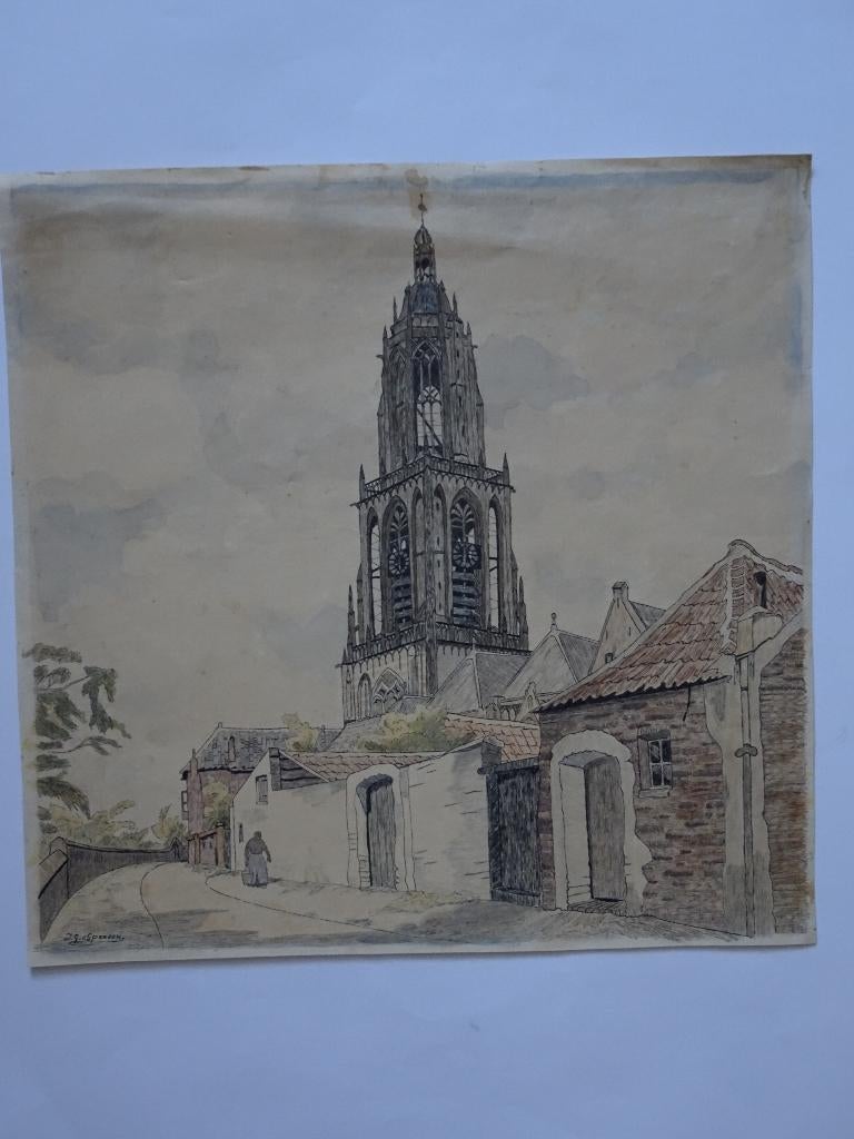 Kleuren tekening Rhenen met kerk, JG van Spengen 1910, Antiek en Kunst, Kunst | Tekeningen en Foto's, Verzenden