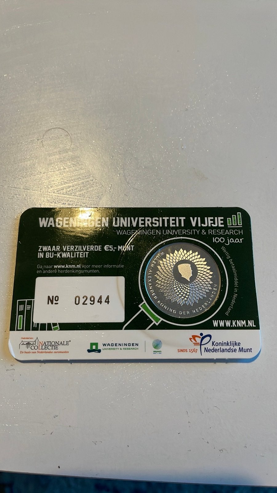 Zwaar verzilverde €5 munt Wageningen Universiteit, Koningin Beatrix, Zilver, Euro's, Ophalen of Verzenden