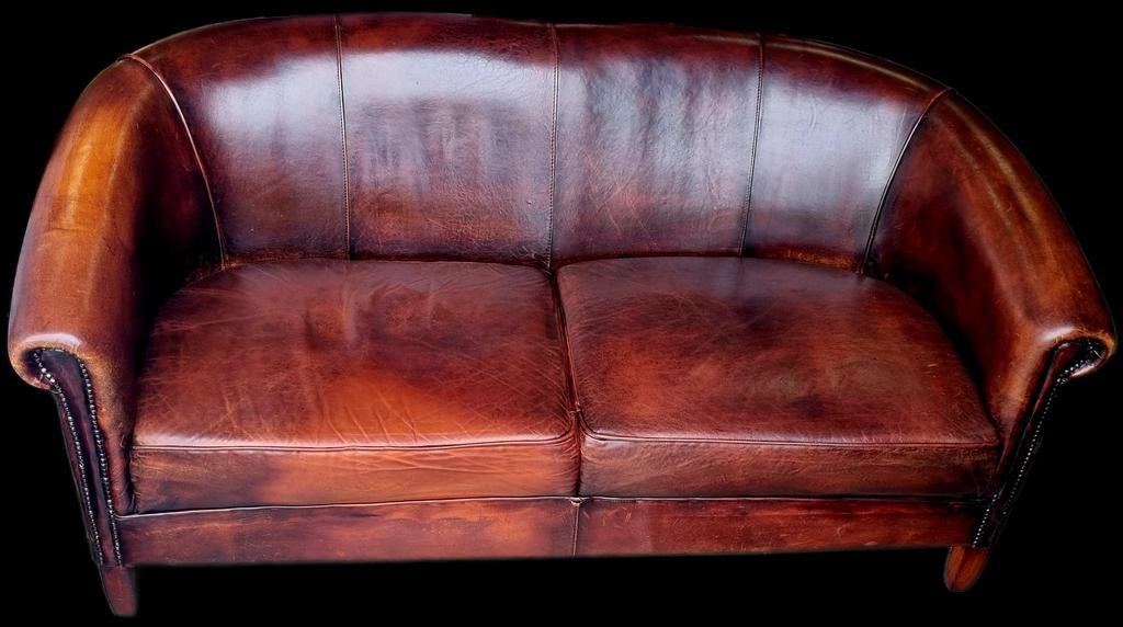 Schapenleren kuip bank bruin rood + BEZORGING, Gebruikt, ., 150 tot 200 cm, Chesterfield