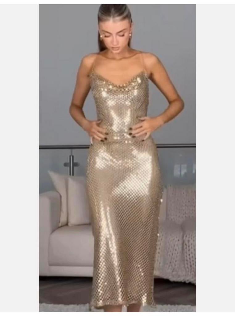 Zara Mesh Slip Midi Dress Gold Goud Metallic M NIEUW Jurk, Maat 38/40 (M), Galajurk, Overige kleuren, Nieuw