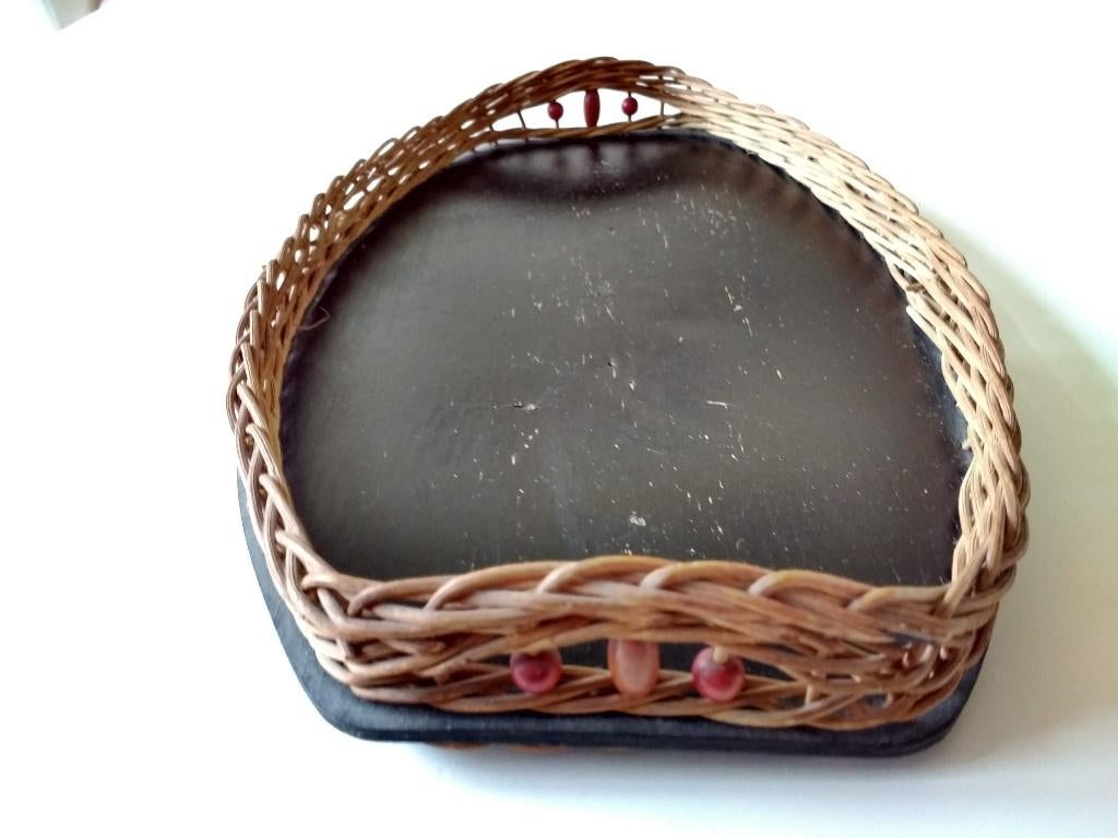 Houten Vintage dienblad ovaal met riet en kralen jaren 50, Huis en Inrichting, Ophalen of Verzenden, Gebruikt, Ovaal, Hout