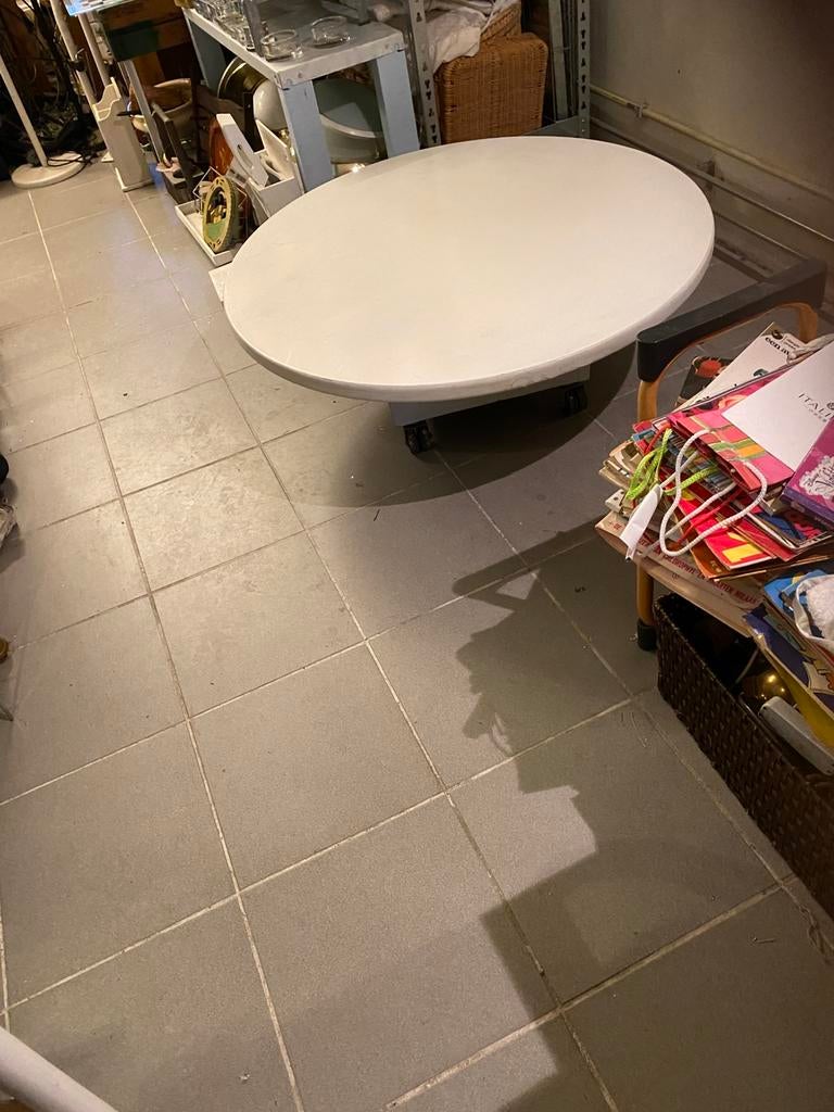 Ronde verrijdbare witte salontafel, Ophalen, 100 tot 150 cm, 50 tot 100 cm, Zo goed als nieuw