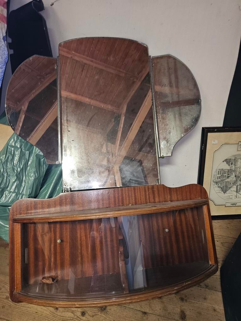 Vintage kaptafel met spiegel en opbergruimte, Antiek en Kunst, Antiek | Spiegels, Ophalen, Overige vormen, 100 tot 150 cm, 100 tot 150 cm