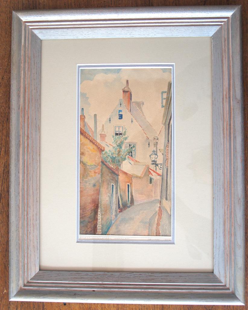 aquarel, stadsgezicht Haarlem, Z.schoolsteeg J.Buiten, lijst, Ophalen of Verzenden