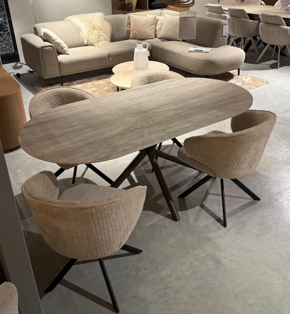 tafel keramiek met anodic brown poot luxury travetine motief, Huis en Inrichting, Tafels | Eettafels, Ophalen, Japandi luxury