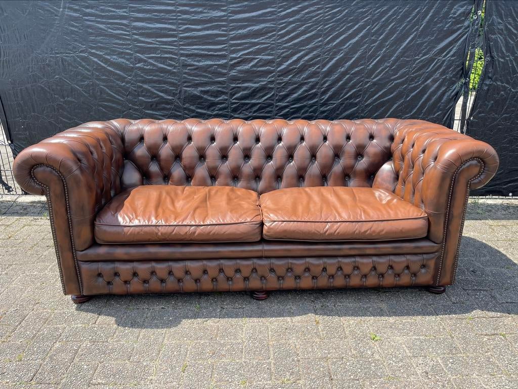 Originele Chesterfield 3 Zits bank bruin leer GRATIS BEZORGD, Ophalen of Verzenden, Gebruikt, 75 tot 100 cm, Leer