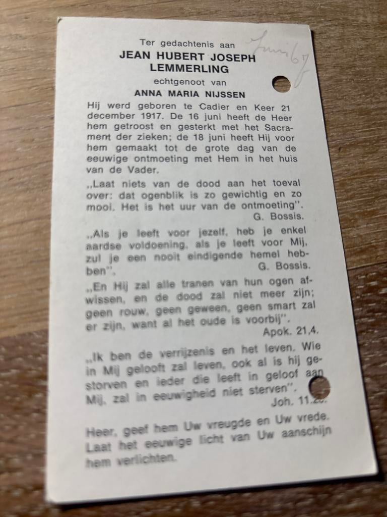 Lemmerling 1917 Cadier en Keer 1968 Heerlen x Nijssen, Verzamelen, Bidprentjes en Rouwkaarten, Ophalen of Verzenden, Bidprentje