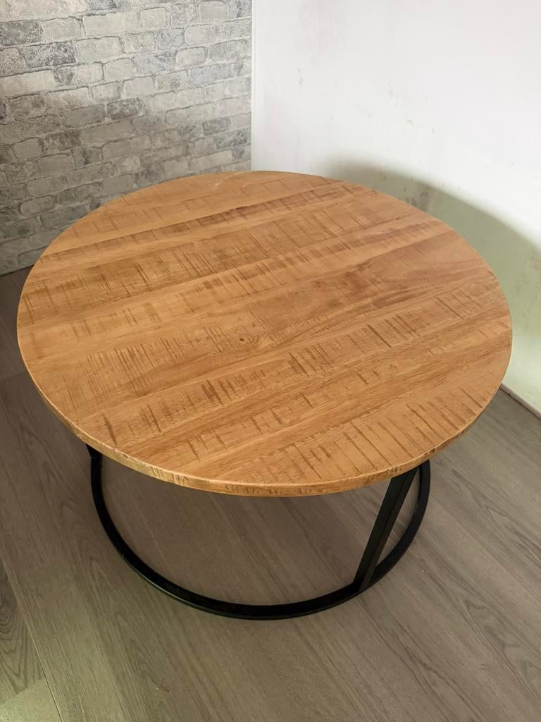 Te koop bijzettafels / salontafel steelwood, Ophalen, 50 tot 100 cm, Rond, Zo goed als nieuw