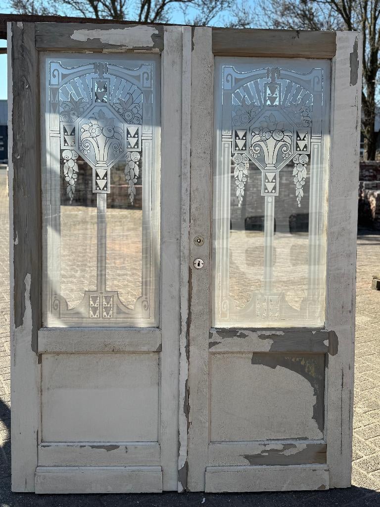 Set antieke openslaande deuren met geëtst glas en bovenlicht, Ophalen of Verzenden