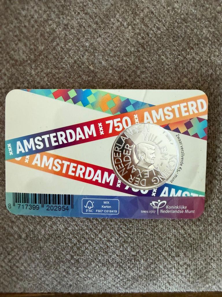 750 Jaar Amsterdam Vijfje 2024 UNC Coincard, Postzegels en Munten, Munten | Nederland, Ophalen, Euro's, Losse munt