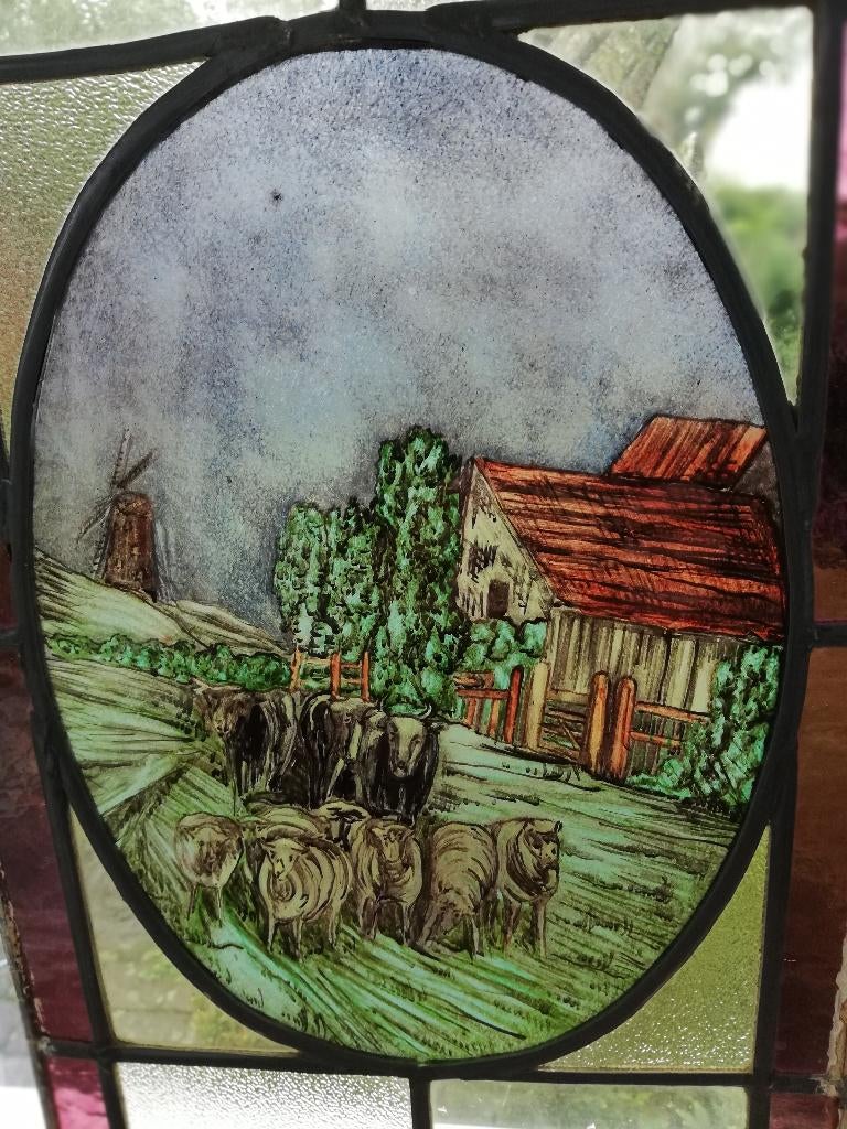 Glas in lood raam 53 x 27 cm, beschilderd schapen landelijk, Huis en Inrichting, Ophalen