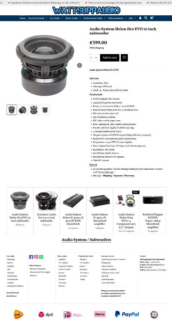 Audio System Helon H10 EVO 10 inch subwoofer 2000W RMS, Info@optimount.nl, Nieuw, Ophalen of Verzenden, Anholtseweg 48A 7091 HB DINXPERLO