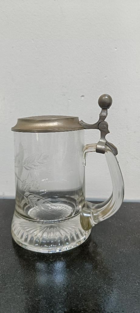 gegraveerde bierpul met tinnen deksel, Ophalen of Verzenden