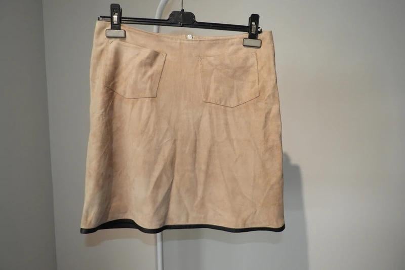 Rika beige suede rok bruine leren accenten zakjes M, Maat 38/40 (M), Verzenden, Beige, Zo goed als nieuw