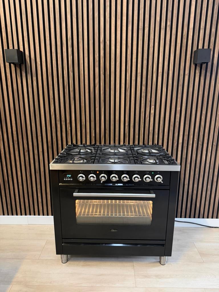 Luxe hoogglans zwarte Boretti Fornuis 90cm (Gratis bezorgen), 5258sh, 60 cm of meer, Ophalen of Verzenden, Zo goed als nieuw