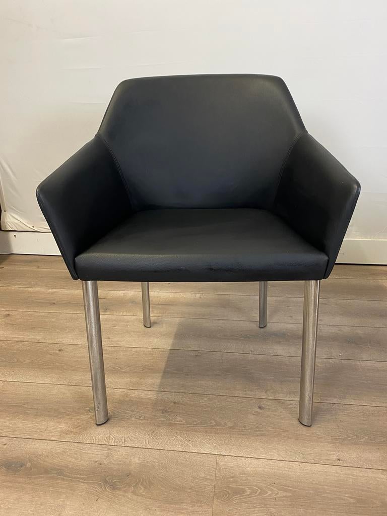 Arco eetkamerstoel zwart leer/ poten gepolst aluminium, Ophalen, Zwart, Leer, Zo goed als nieuw