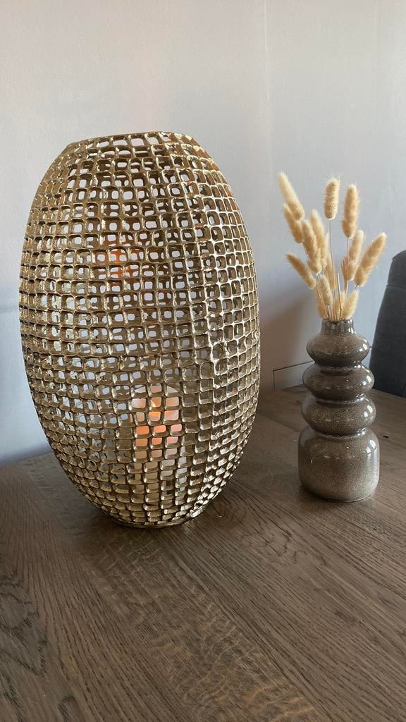 Prachtig goud windlicht, Huis en Inrichting, Woonaccessoires | Kandelaars en Kaarsen, Ophalen, Overige kleuren, 25 tot 50 cm, Zo goed als nieuw