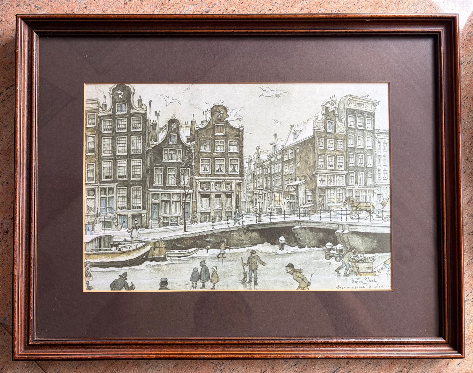 Anton Pieck Prenten: Brouwersgracht, Den Haag, Oud Rotterdam, Achter glas, Ophalen of Verzenden, Klassiek, Print