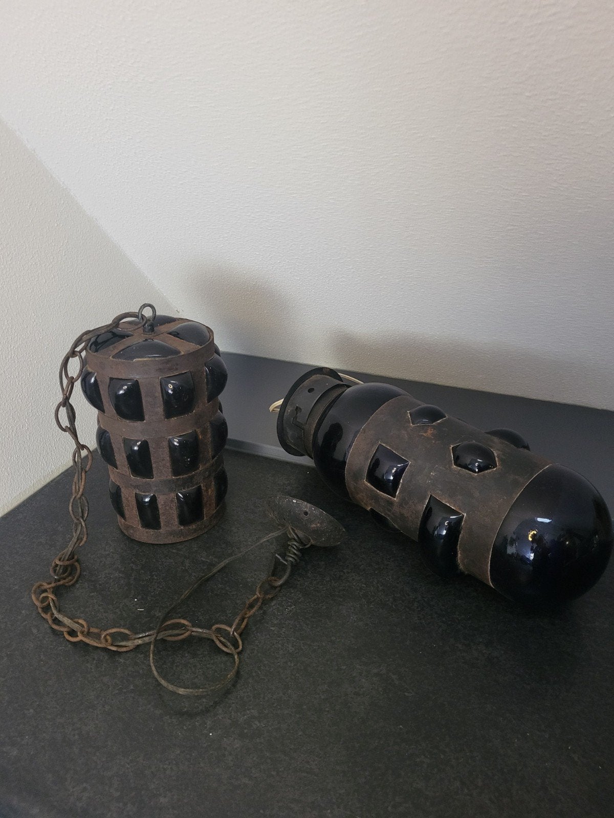 2 vintage paarse glas geblazen hanglampen met metaal, Antiek en Kunst, Ophalen of Verzenden
