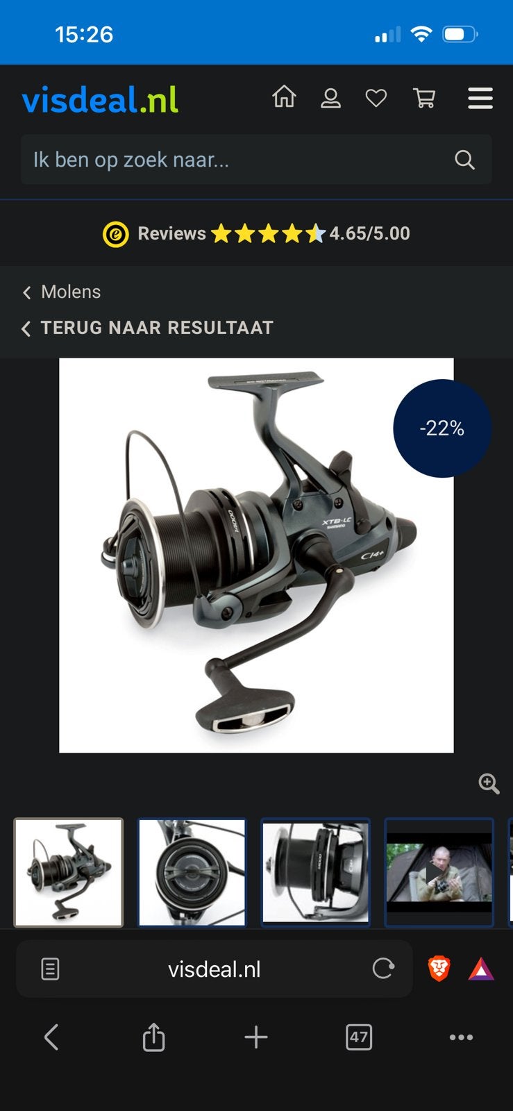 Te koop gevraagd Shimano 14000 xtb ci4 baitrunner, Watersport en Boten, Ophalen of Verzenden, Zo goed als nieuw, Molen