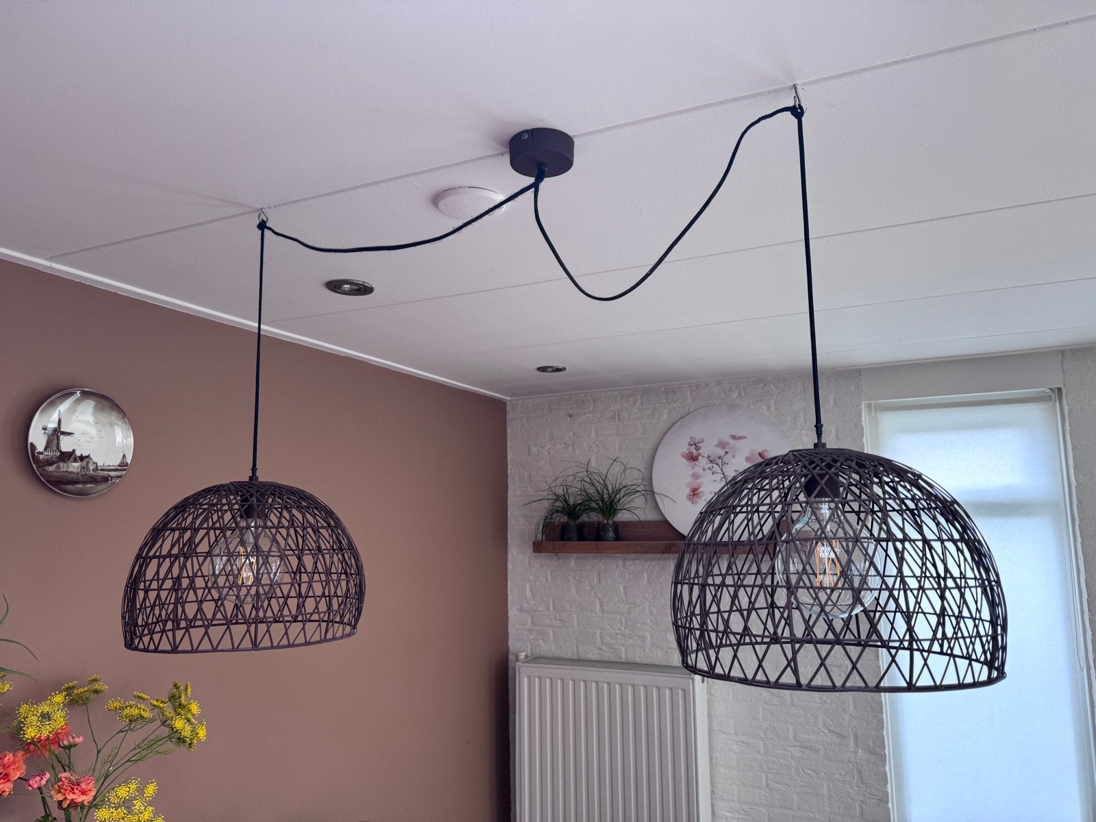 Set van 2 rotan hanglampen - Zwart, boho stijl, Huis en Inrichting, Ophalen, Zo goed als nieuw, Natuurlijk materiaal, E27 (groot)
