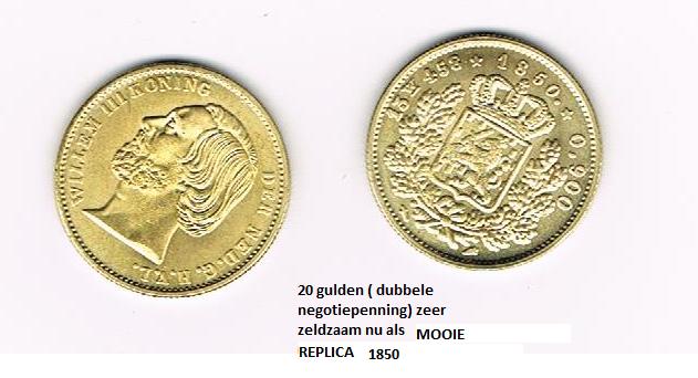 1850 een 20 gulden W3 als replica vaste pr. €2,70., Postzegels en Munten, Munten | Nederland, Verzenden, Koning Willem III, Overige waardes