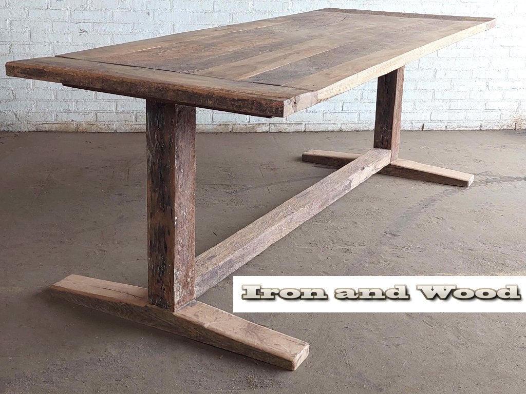 Oud eiken maatwerk barnwood kasteeltafel of kloostertafel, Ophalen, Nieuw, Hout