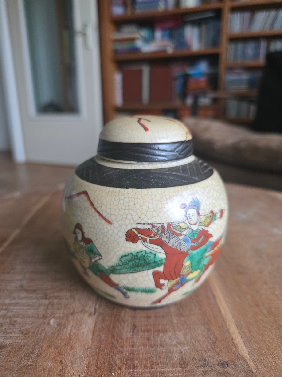 Chinese gemberpot met krijgers – craquelé – 12 cm, Ophalen of Verzenden