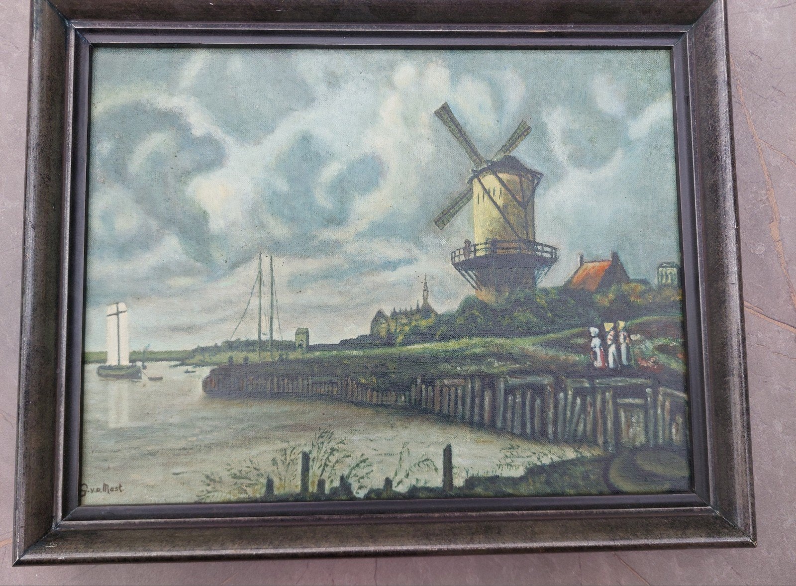 Schilderij G. vd Mast met molen en water, 45x35 cm, Ophalen, Maritiem / water, Doek, Olieverf