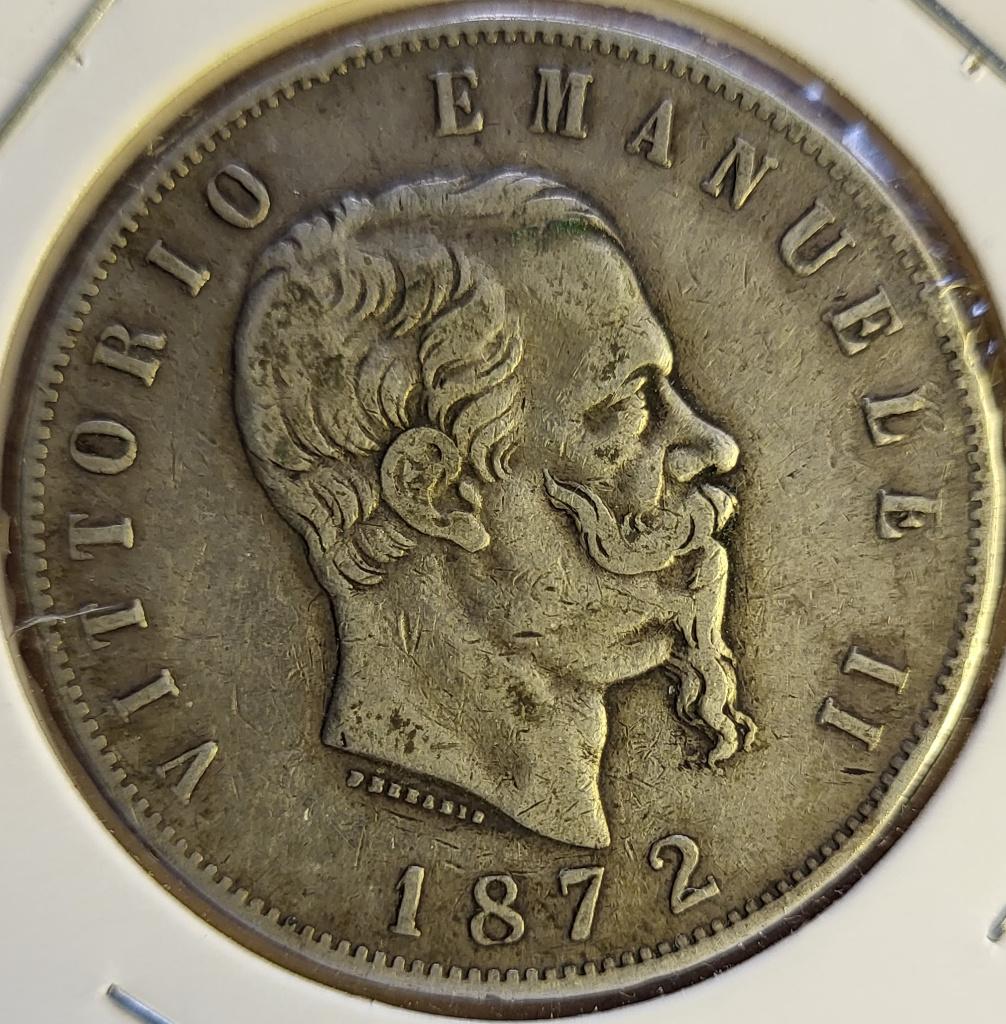 Italië 5 lire 1872 Zilver .900 M BN Milaan KM#8.3 VERY FINE., Ophalen of Verzenden, Italië, Losse munt, Zilver