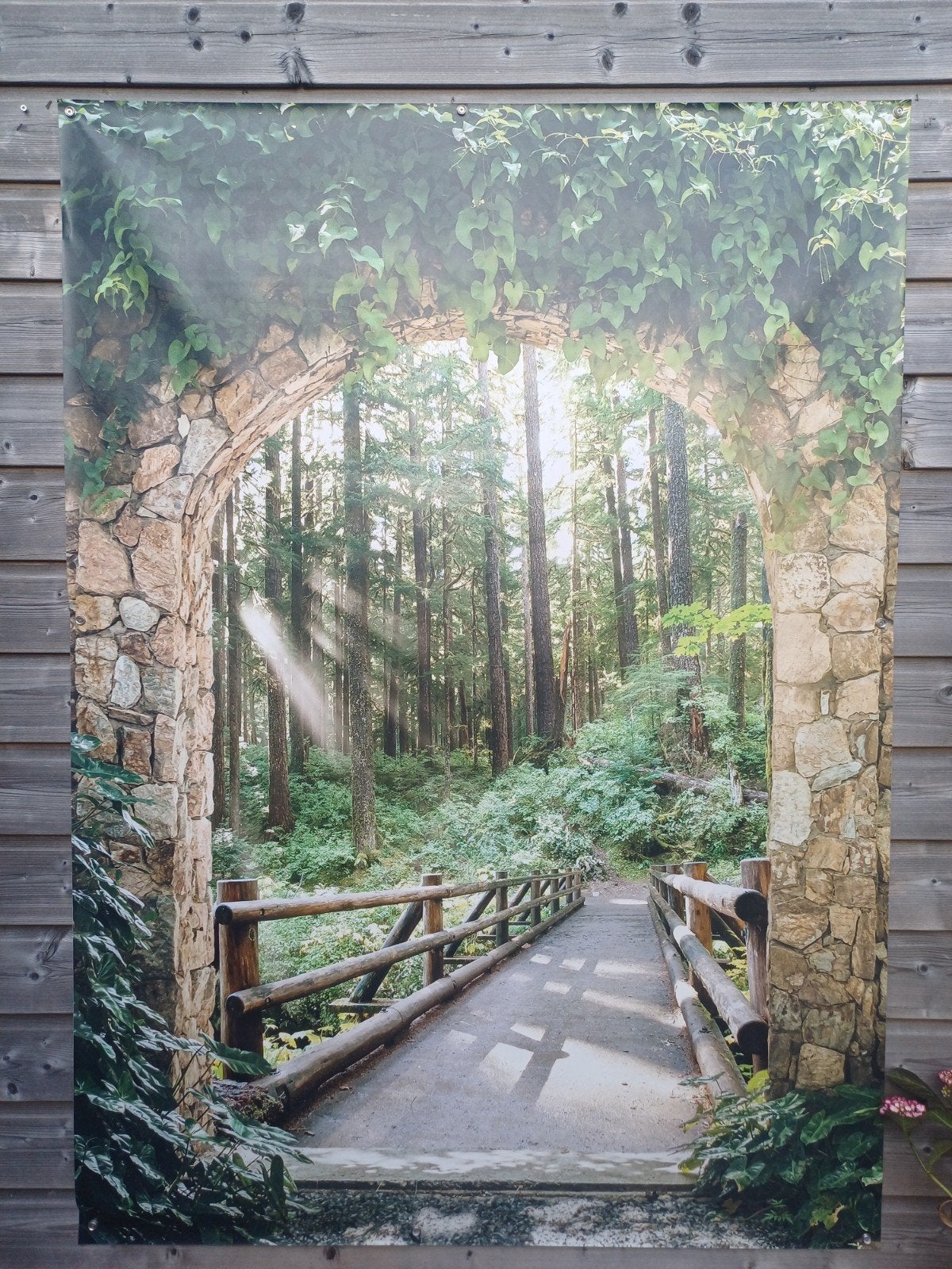 Tuinposter Bosboog met brug - 118x160 cm, Tuin en Terras, Tuinwanddecoratie, Ophalen of Verzenden, Zo goed als nieuw