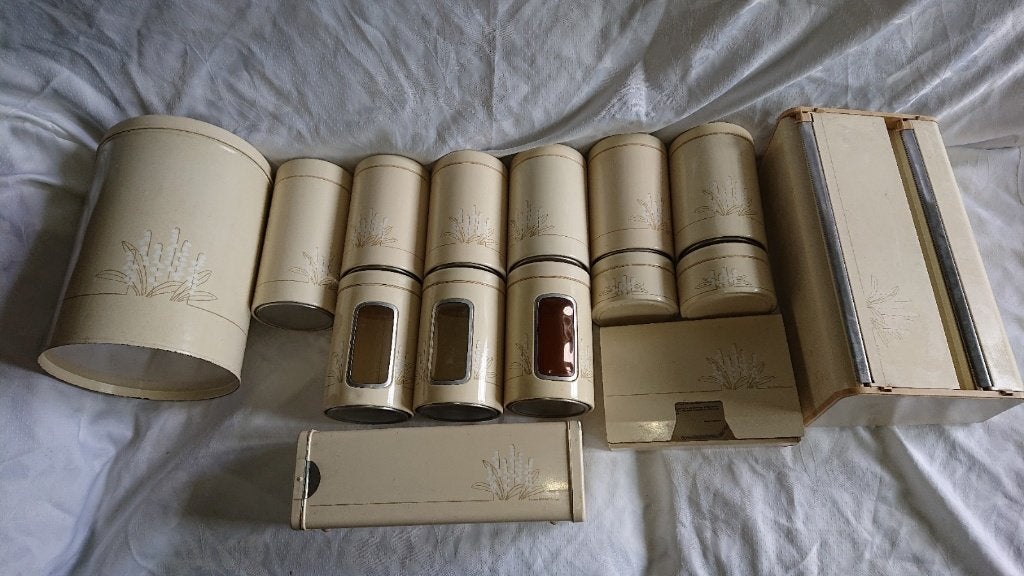 Brabantia blikken, bussen, broodtrommel, grote collectie, Huis en Inrichting, Metaal, Brabantia, Ophalen, Beige