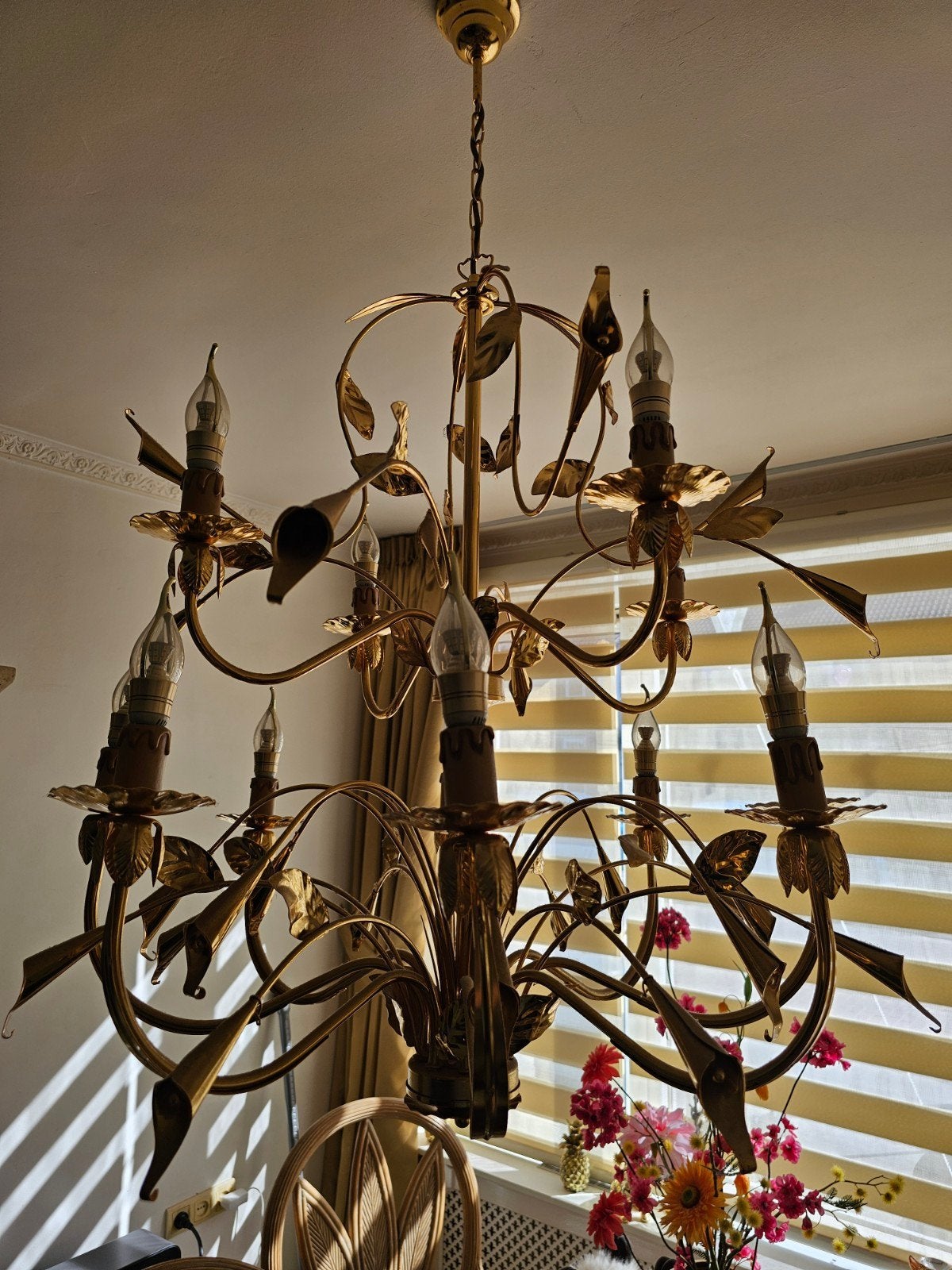 Gouden Kroonluchter met Bladmotief - Klassiek Design, Ophalen of Verzenden, Zo goed als nieuw