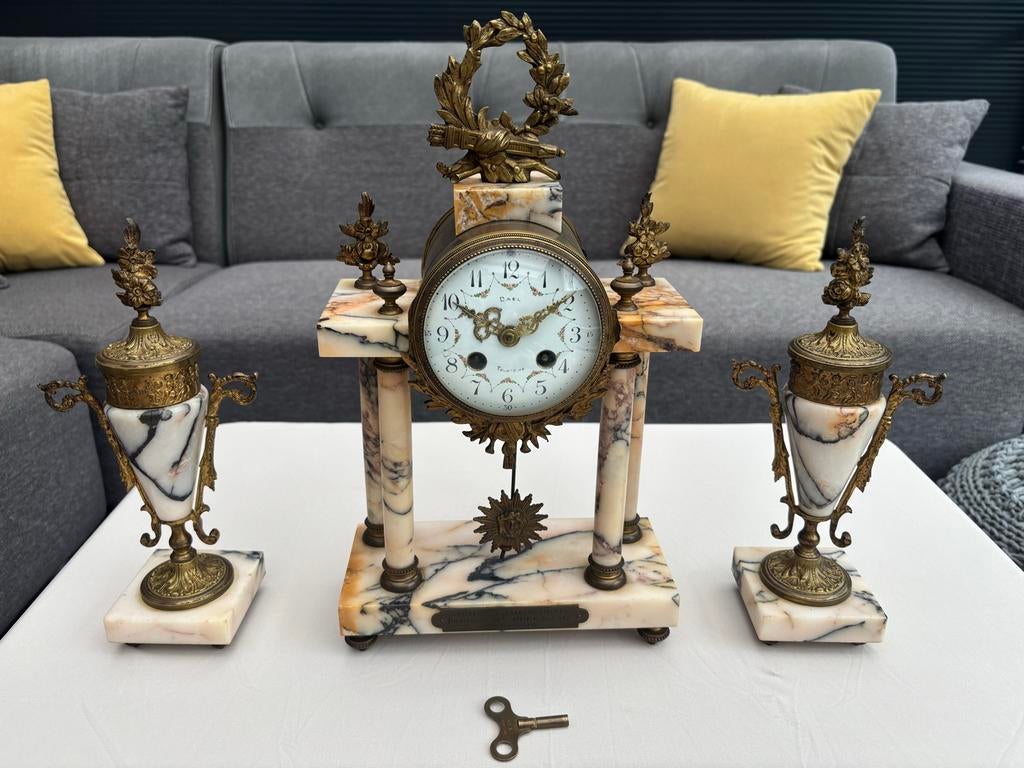 Antieke Franse marmeren pendule set (3-delig) - ca. 1900, Antiek en Kunst, Antiek | Klokken, Ophalen