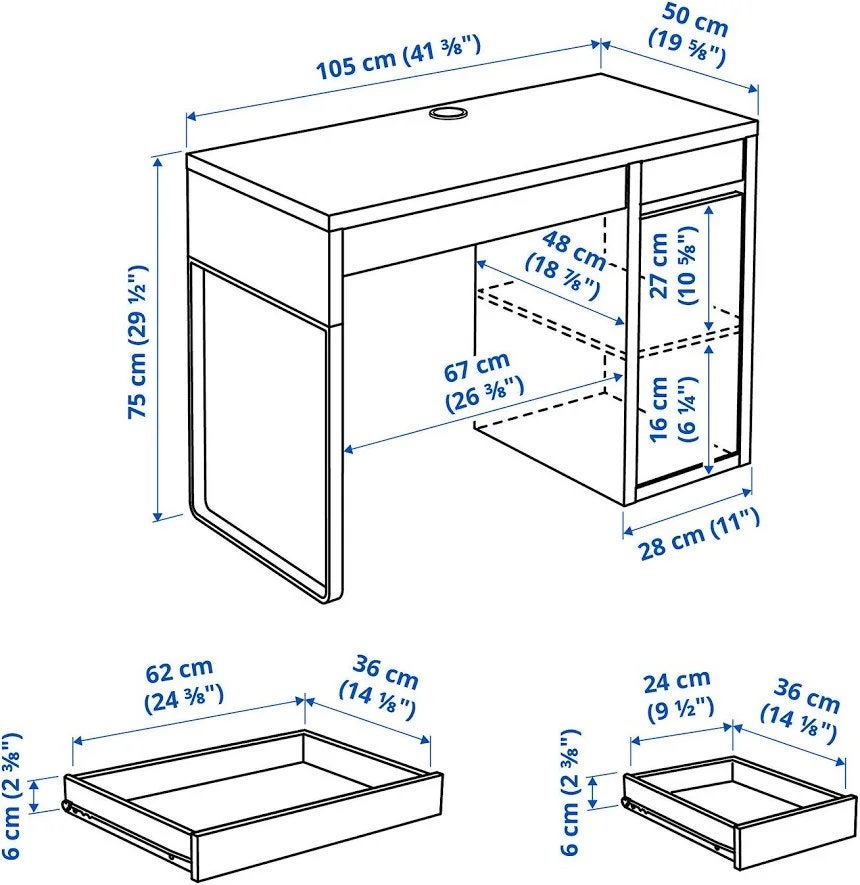 IKEA MICKE bureau wit 105x50 cm met kast en brede lade, Ophalen, Demontabel, Gebruikt, Spaanplaat of MDF