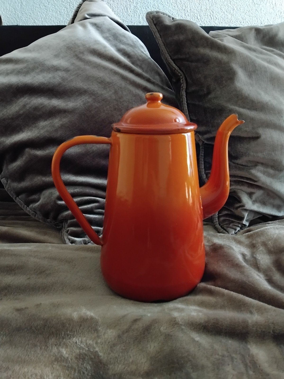 Vintage geëmailleerde koffiepot - Oranje/Rood, Antiek en Kunst, Ophalen of Verzenden