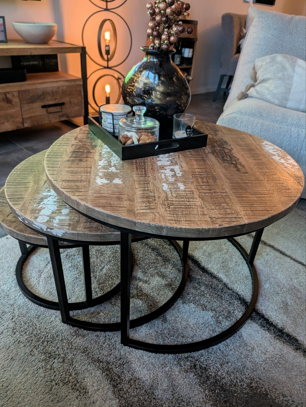 Set van 3 Steelwood bijzettafels - White Wash, Ophalen, Zo goed als nieuw, Rond, Hout