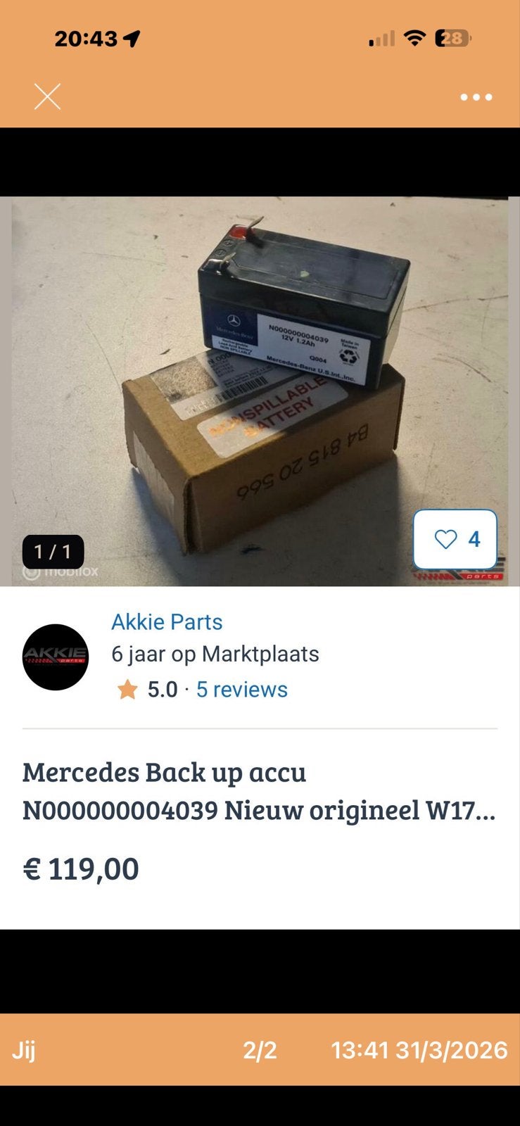 Mercedes Back-up Accu N000000004039 Nieuw Origineel, Ophalen, Gebruikt, Mercedes-Benz