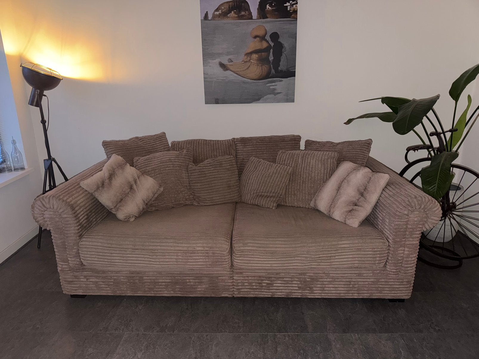 Prachtige Rofra bank – taupe ribstof – extra diepe zit, Ophalen, 250 tot 300 cm, Gebruikt, 125 tot 150 cm