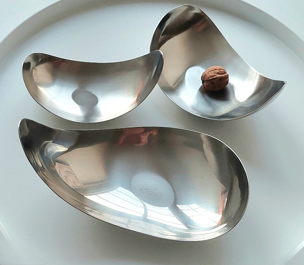 Georg Jensen schalenset "Leaf" rvs geborsteld, Deens design, Schaal, Ophalen of Verzenden, Zo goed als nieuw, Metaal